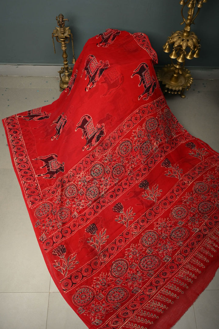 Blood Red Chiffon Saree with Nandhi Motifs Hand Block Print  | SHOBITAM