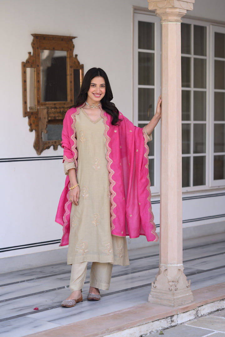 Beige Marodi Spread Work Kurta with Pink Scallop Dupatta Mul Chanderi Suit Set- SET OF-3 | SHOBITAM