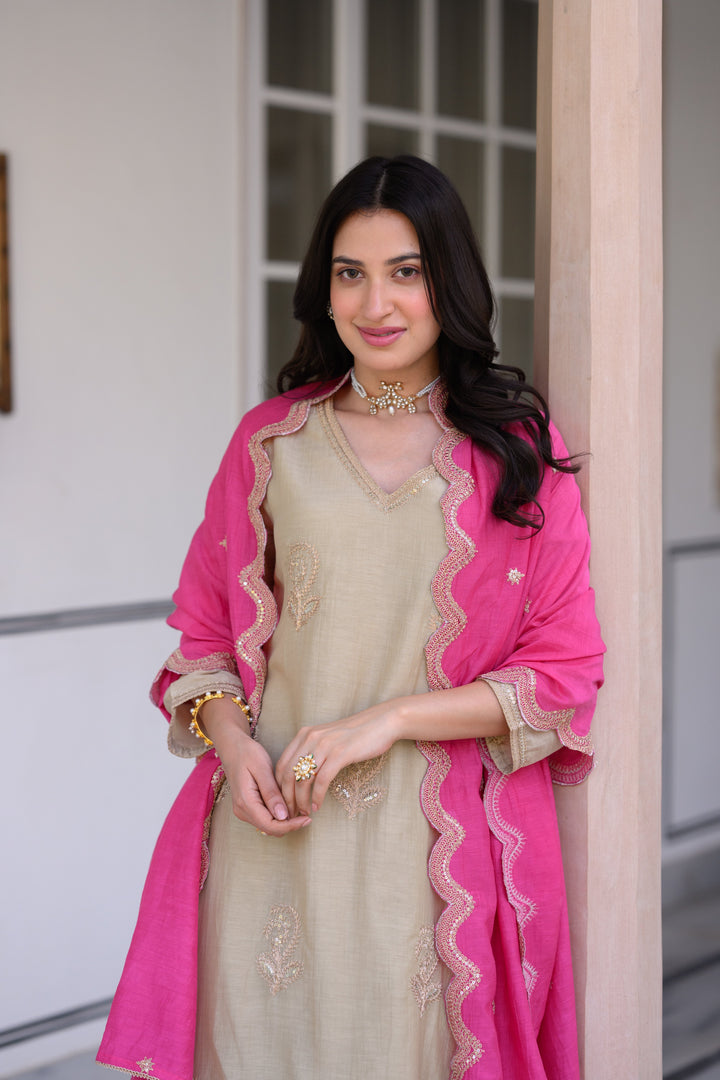 Beige Marodi Spread Work Kurta with Pink Scallop Dupatta Mul Chanderi Suit Set- SET OF-3 | SHOBITAM