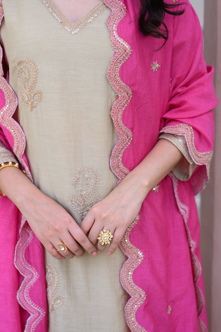Beige Marodi Spread Work Kurta with Pink Scallop Dupatta Mul Chanderi Suit Set- SET OF-3 | SHOBITAM