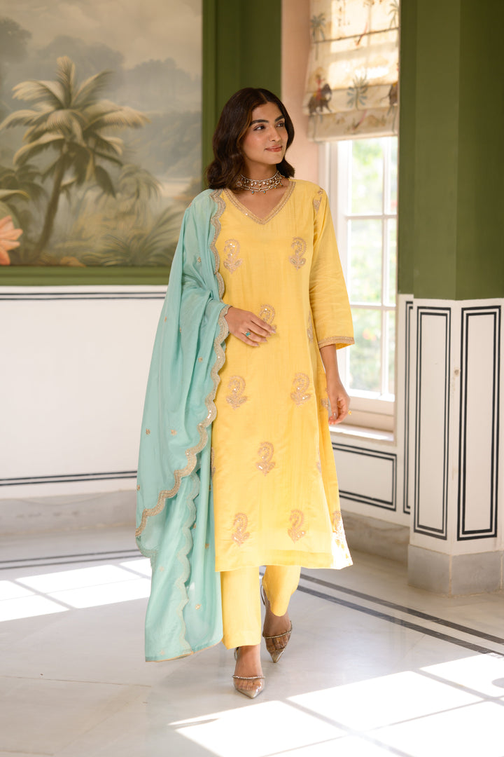 Butter Yellow Marodi Spread Work Kurta with Sea Green Scallop Dupatta Mul Chanderi Suit Set- SET OF -3 | SHOBITAM