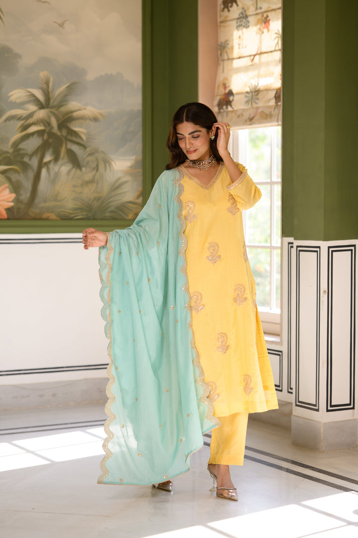 Butter Yellow Marodi Spread Work Kurta with Sea Green Scallop Dupatta Mul Chanderi Suit Set- SET OF -3 | SHOBITAM