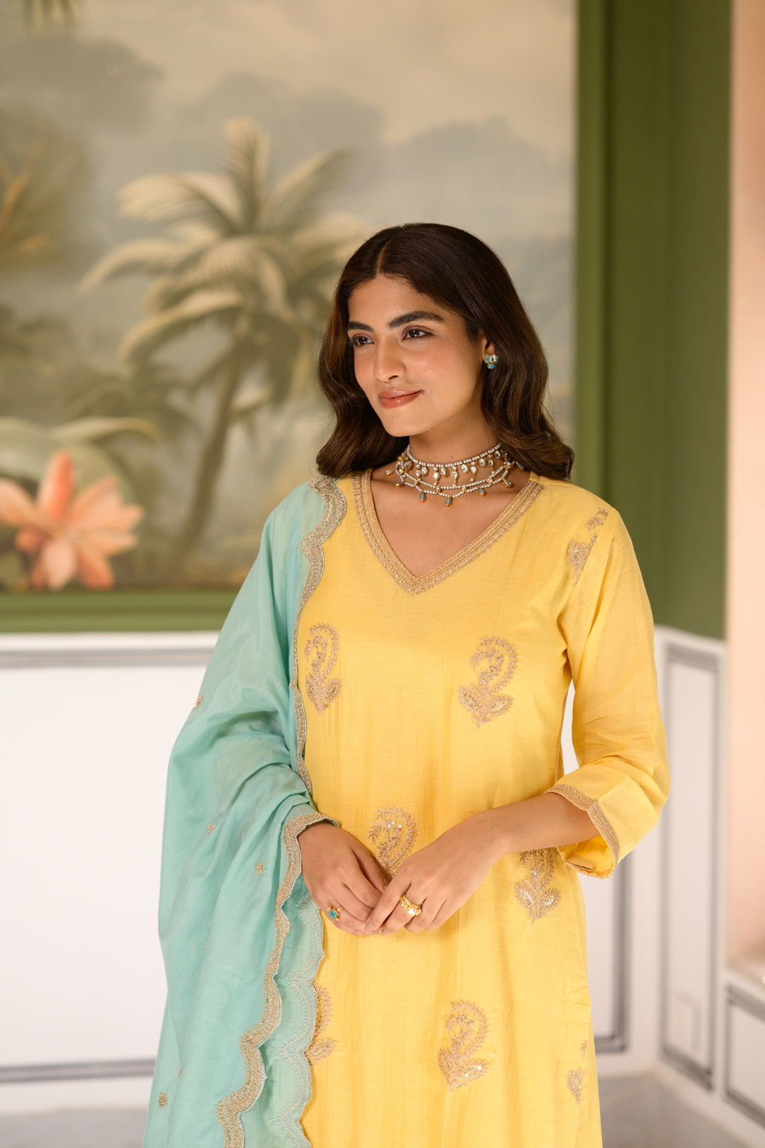 Butter Yellow Marodi Spread Work Kurta with Sea Green Scallop Dupatta Mul Chanderi Suit Set- SET OF -3 | SHOBITAM