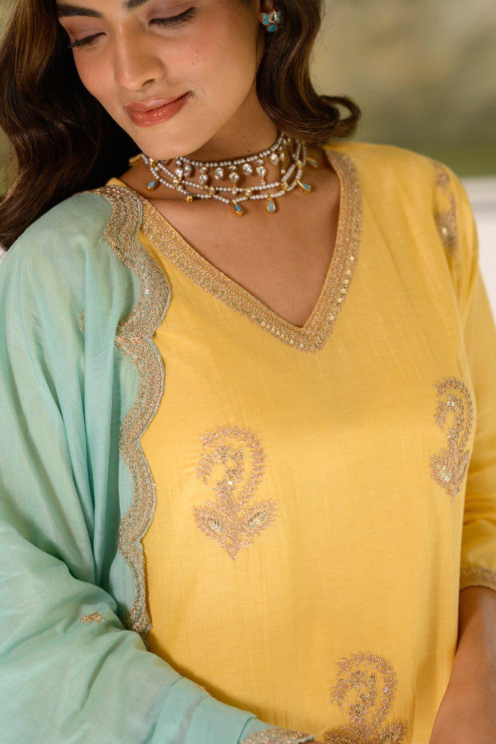 Butter Yellow Marodi Spread Work Kurta with Sea Green Scallop Dupatta Mul Chanderi Suit Set- SET OF -3 | SHOBITAM