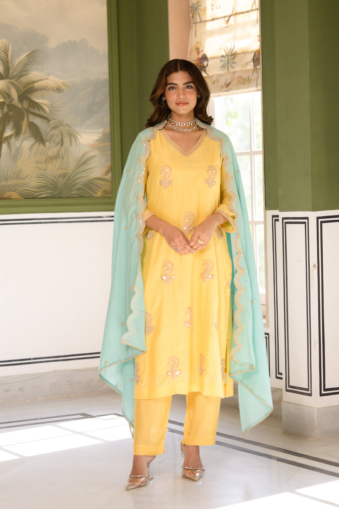 Butter Yellow Marodi Spread Work Kurta with Sea Green Scallop Dupatta Mul Chanderi Suit Set- SET OF -3 | SHOBITAM