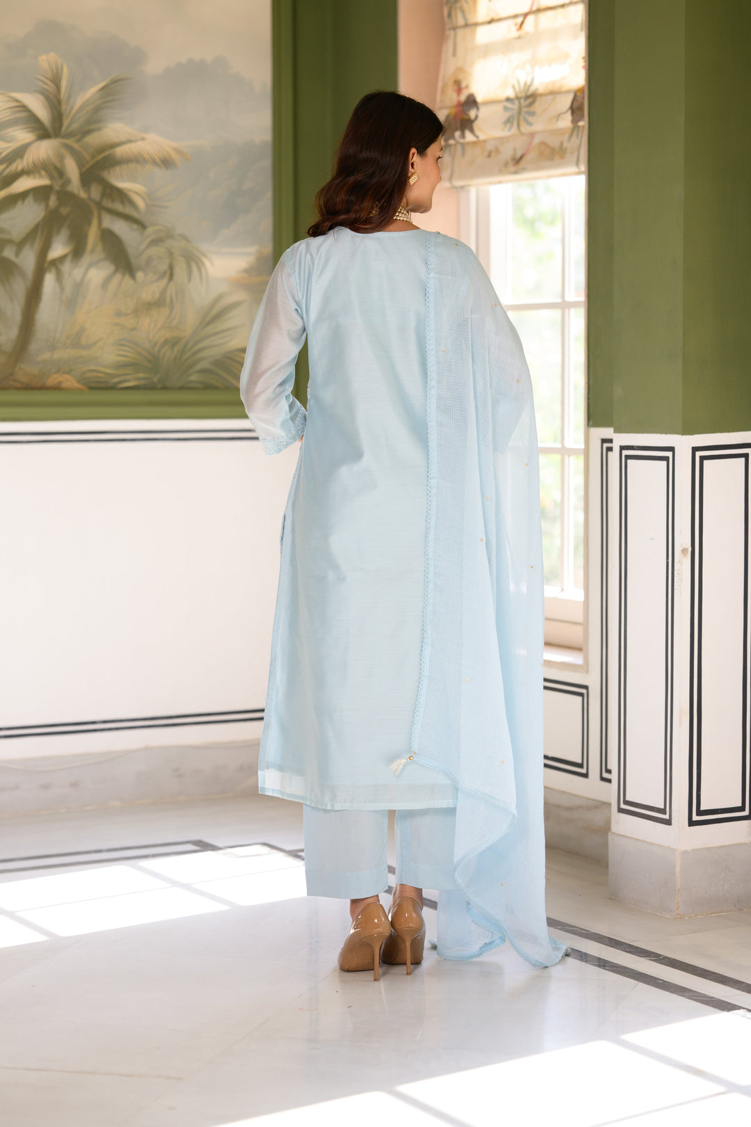 Ice Blue thread Work Chanderi Suit Set with Kota Doriya Dupatta - SET OF-3 | SHOBITAM