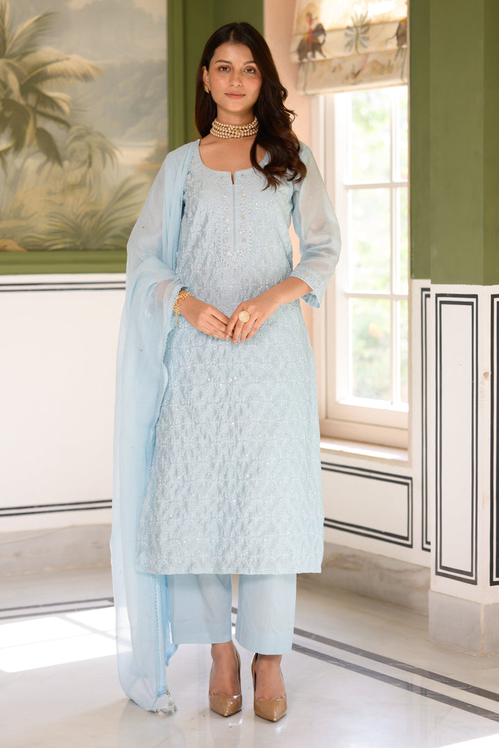 Ice Blue thread Work Chanderi Suit Set with Kota Doriya Dupatta - SET OF-3 | SHOBITAM
