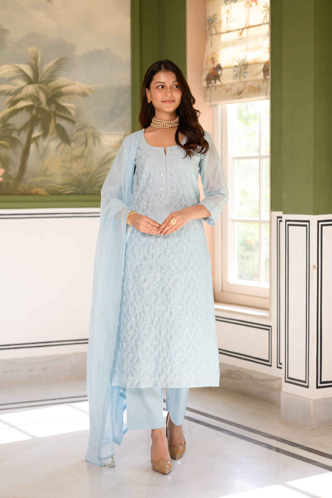 Ice Blue thread Work Chanderi Suit Set with Kota Doriya Dupatta - SET OF-3 | SHOBITAM