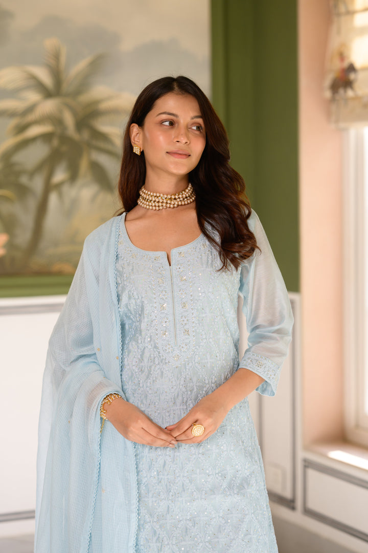 Ice Blue thread Work Chanderi Suit Set with Kota Doriya Dupatta - SET OF-3 | SHOBITAM