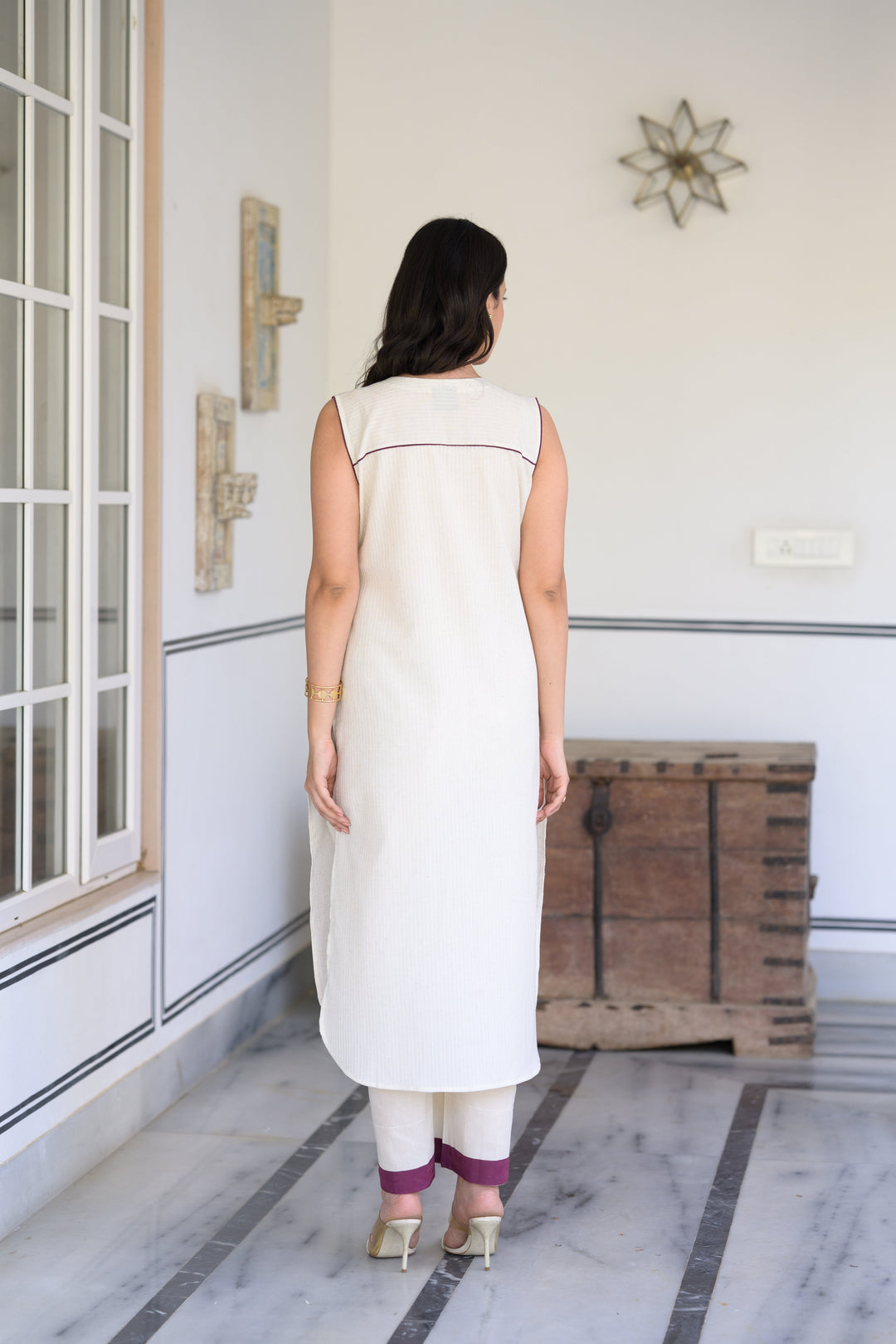 Off White with Purple Floral Placement Print cotton Linen Sleeveless Kurta Set with Mul Cotton Lining -SET OF-2 | SHOBITAM