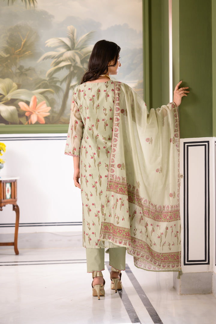 Green Daisy Suit Set with thread scallope Work in Neck and Pant-SET OF-3 | SHOBITAM