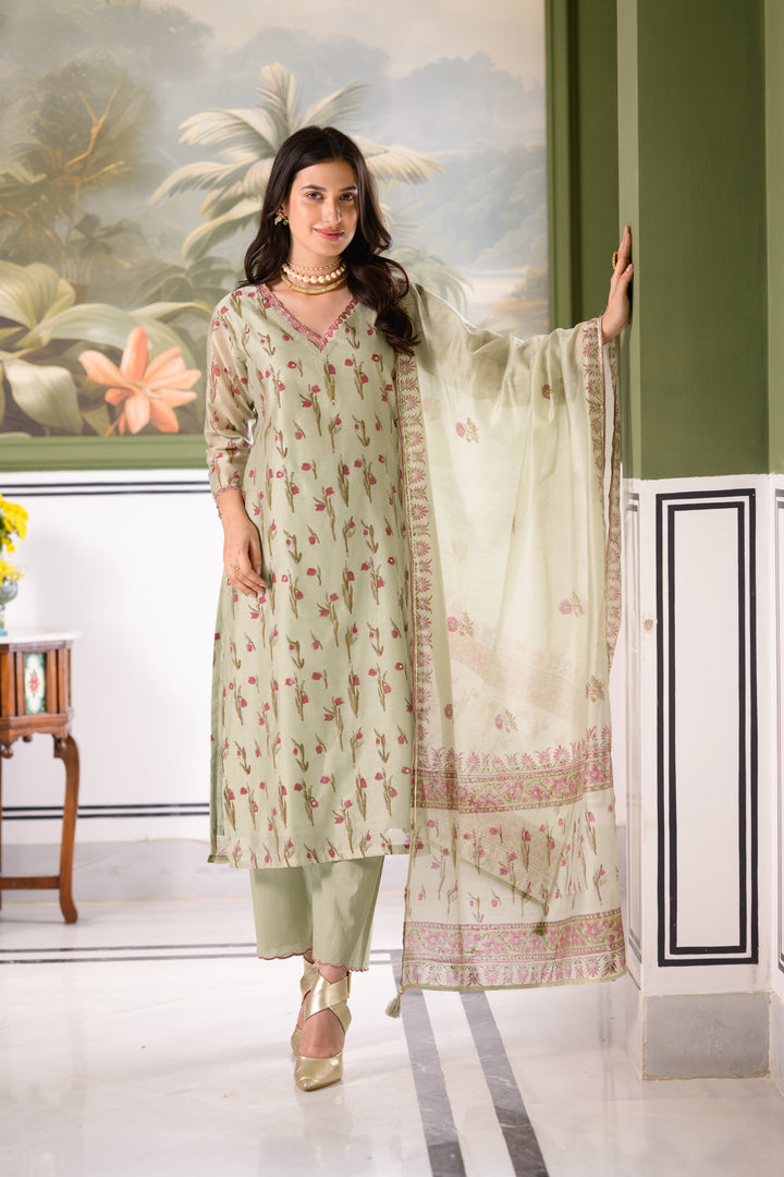 Green Daisy Suit Set with thread scallope Work in Neck and Pant-SET OF-3 | SHOBITAM