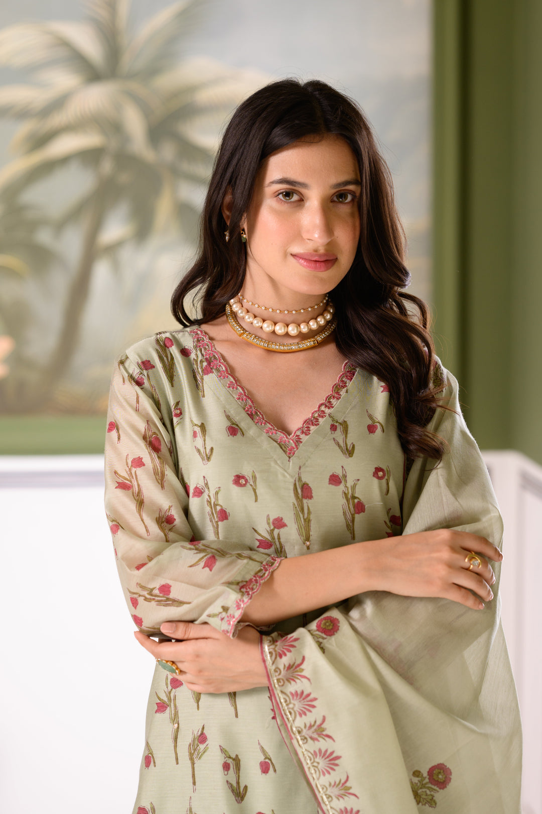 Green Daisy Suit Set with thread scallope Work in Neck and Pant-SET OF-3 | SHOBITAM