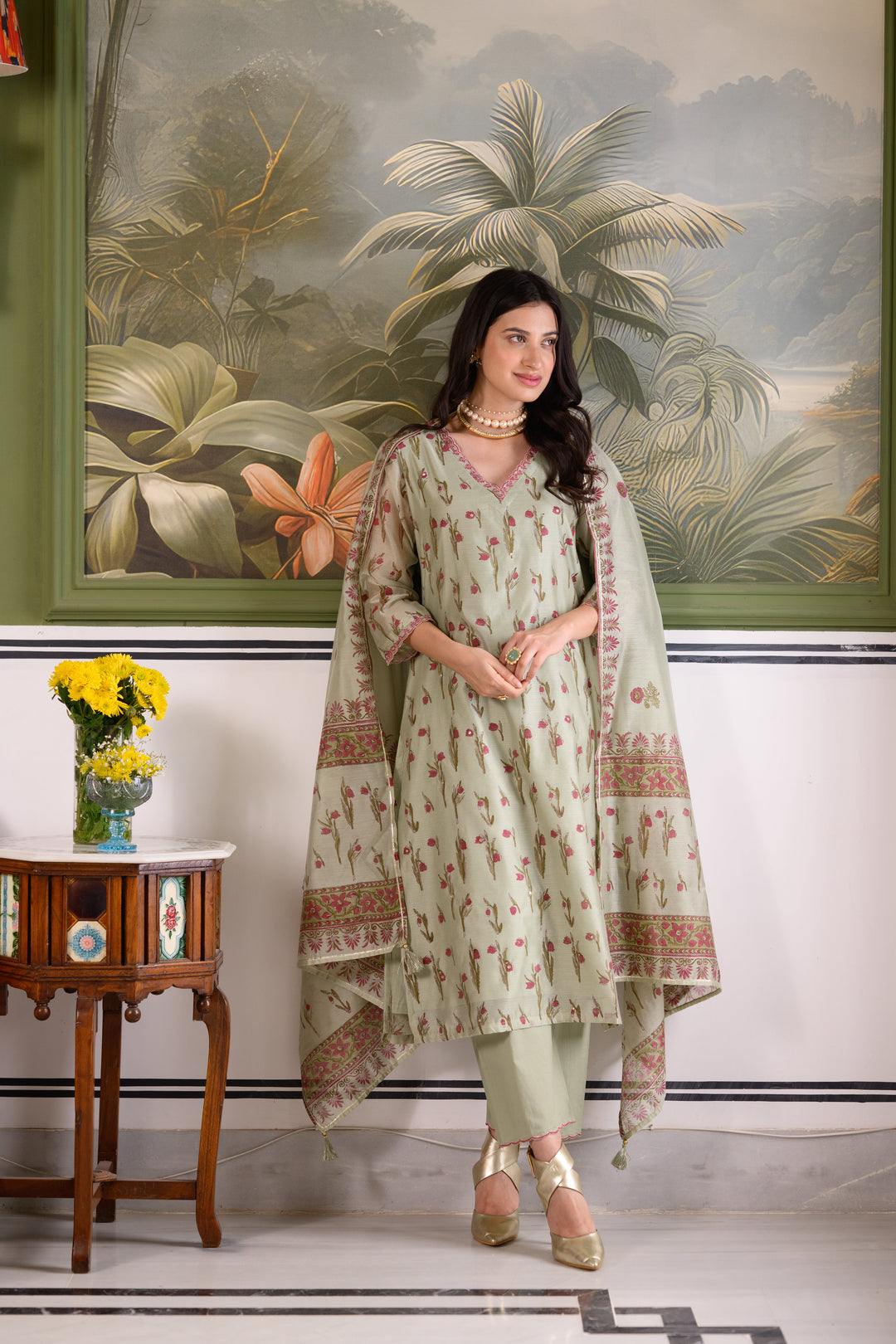 Green Daisy Suit Set with thread scallope Work in Neck and Pant-SET OF-3 | SHOBITAM