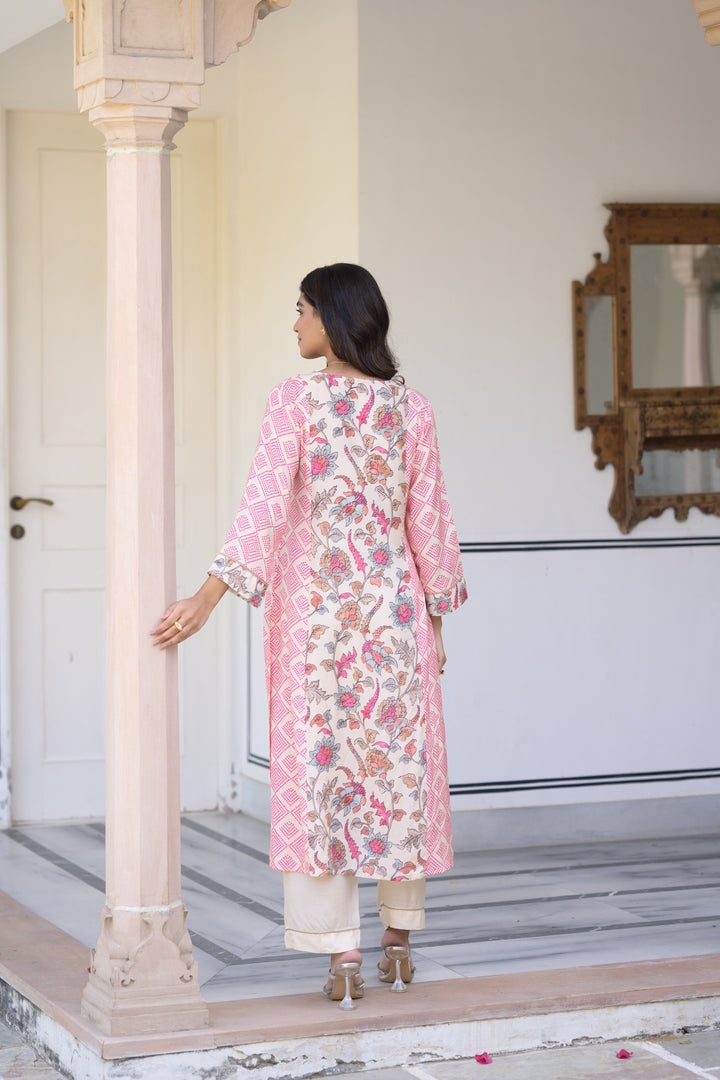 Pink Bandhini With Floral Jaal Print Muslin Kurta Set- SET OF-2 | SHOBITAM
