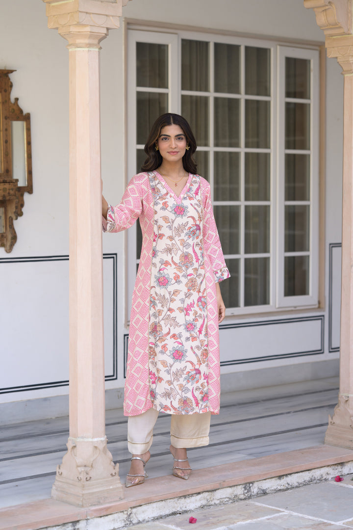 Pink Bandhini With Floral Jaal Print Muslin Kurta Set- SET OF-2 | SHOBITAM