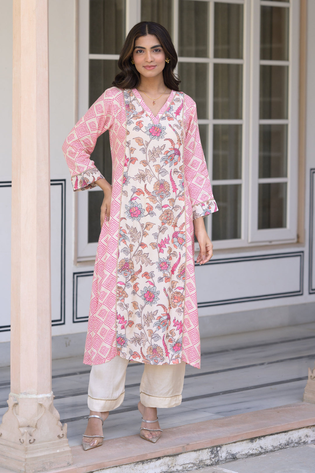 Pink Bandhini With Floral Jaal Print Muslin Kurta Set- SET OF-2 | SHOBITAM
