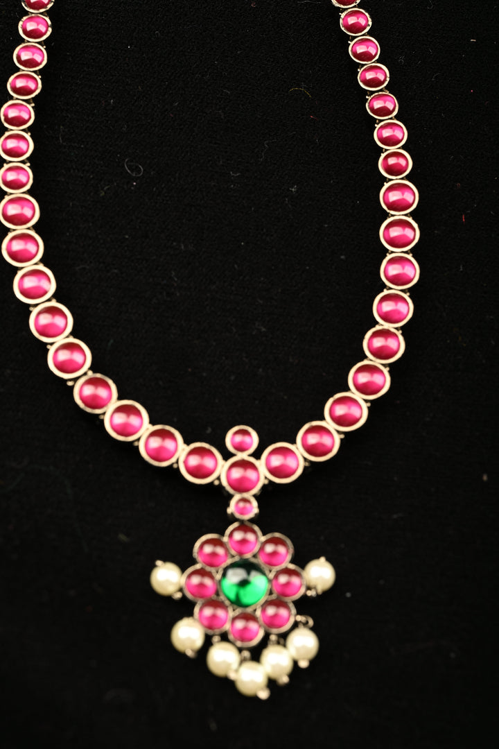 Black finish precious kemp-green pearl attigai necklace set  | SHOBITAM