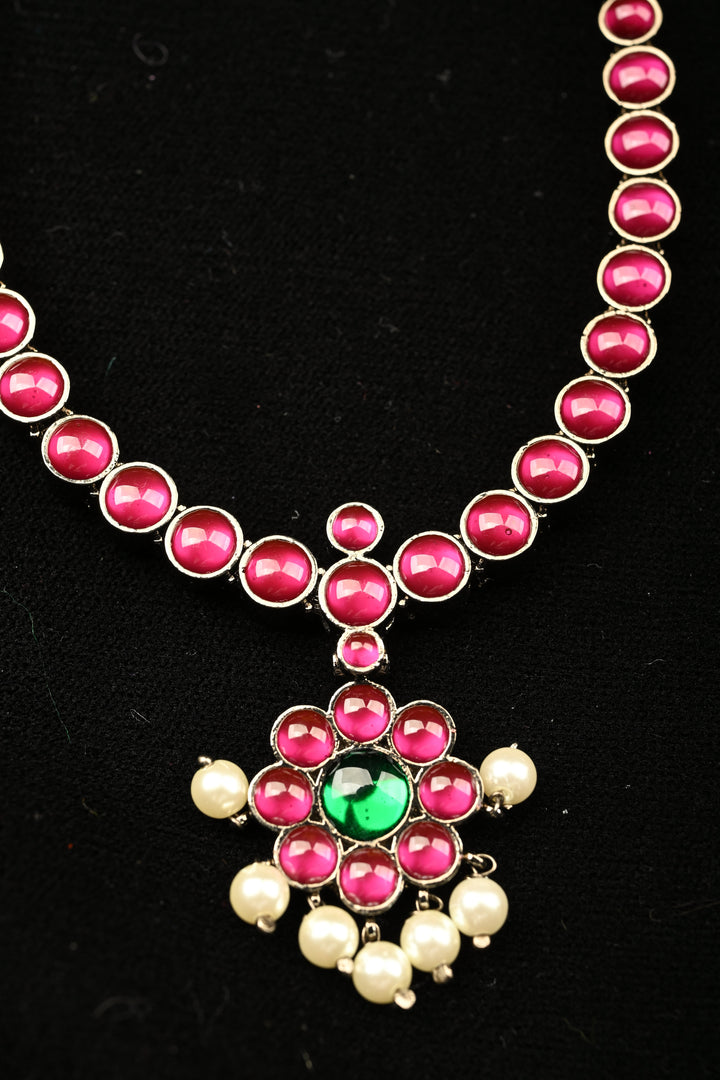 Black finish precious kemp-green pearl attigai necklace set  | SHOBITAM
