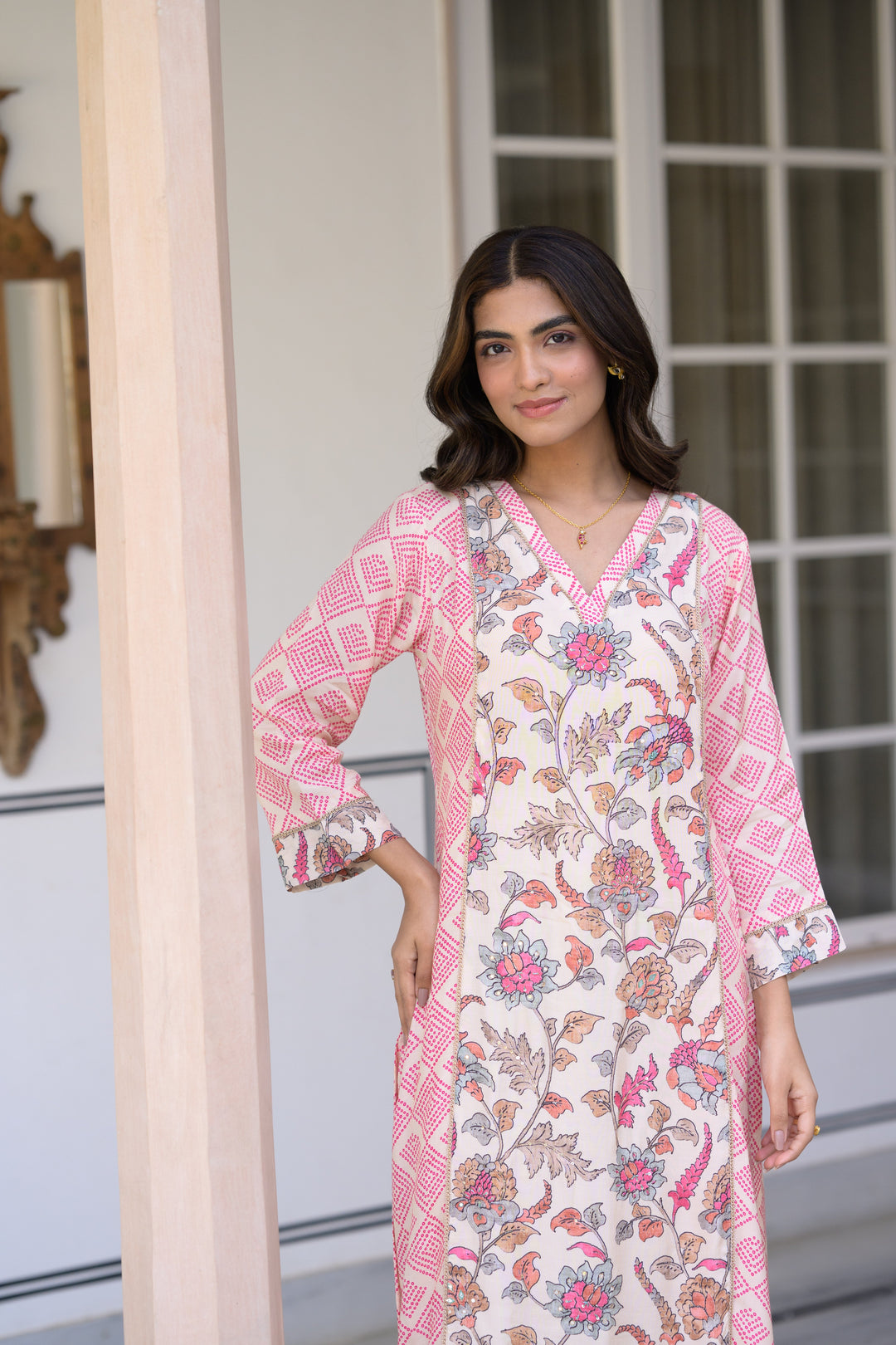 Pink Bandhini With Floral Jaal Print Muslin Kurta Set- SET OF-2 | SHOBITAM