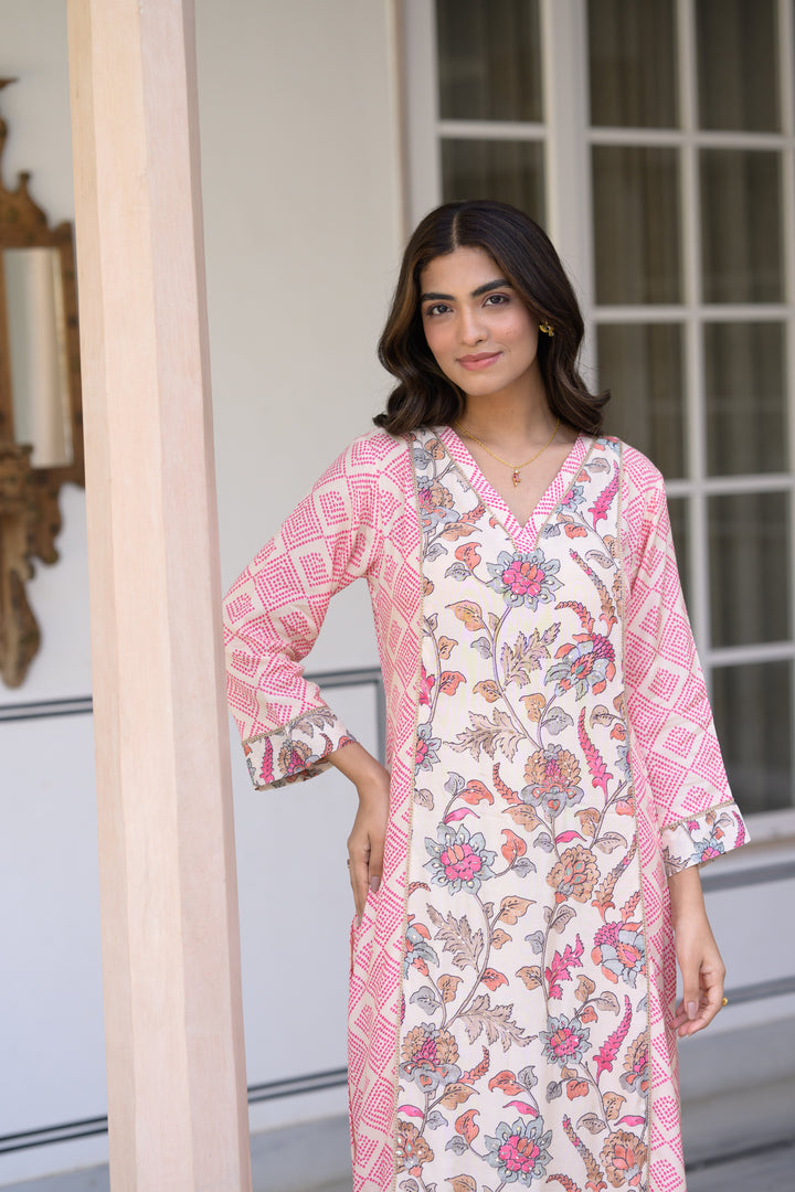 Pink Bandhini With Floral Jaal Print Muslin Kurta Set- SET OF-2 | SHOBITAM