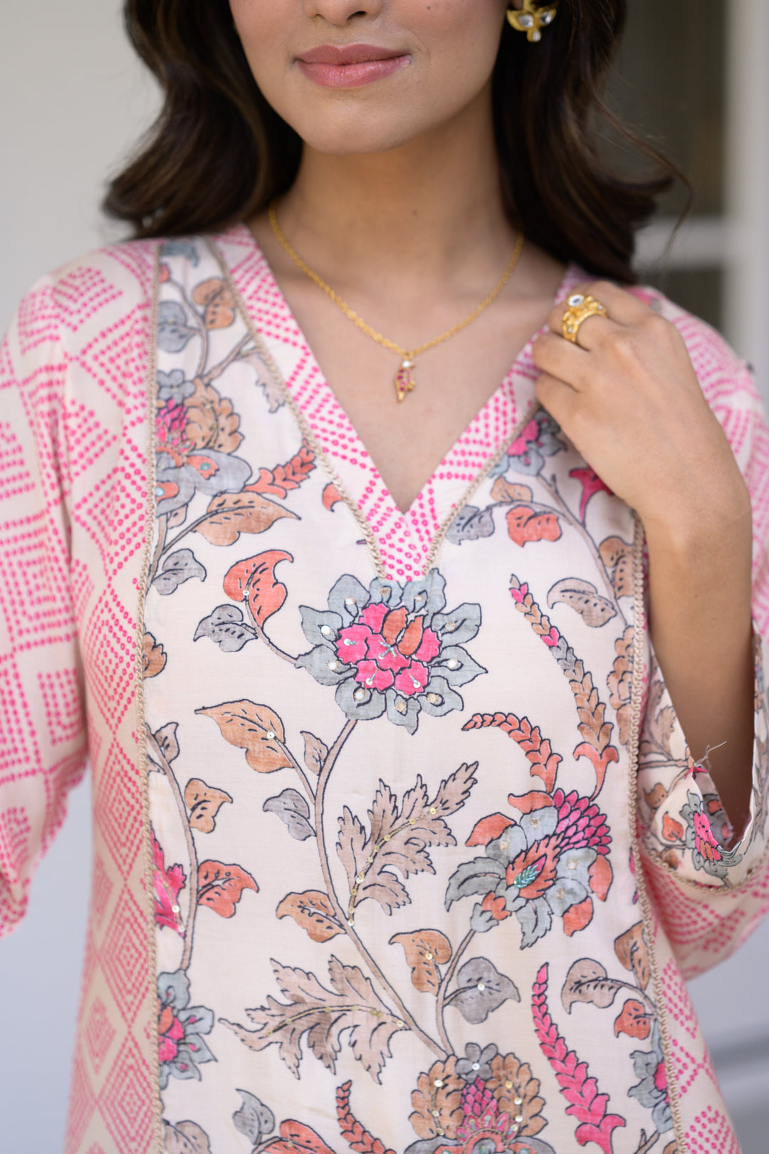 Pink Bandhini With Floral Jaal Print Muslin Kurta Set- SET OF-2 | SHOBITAM