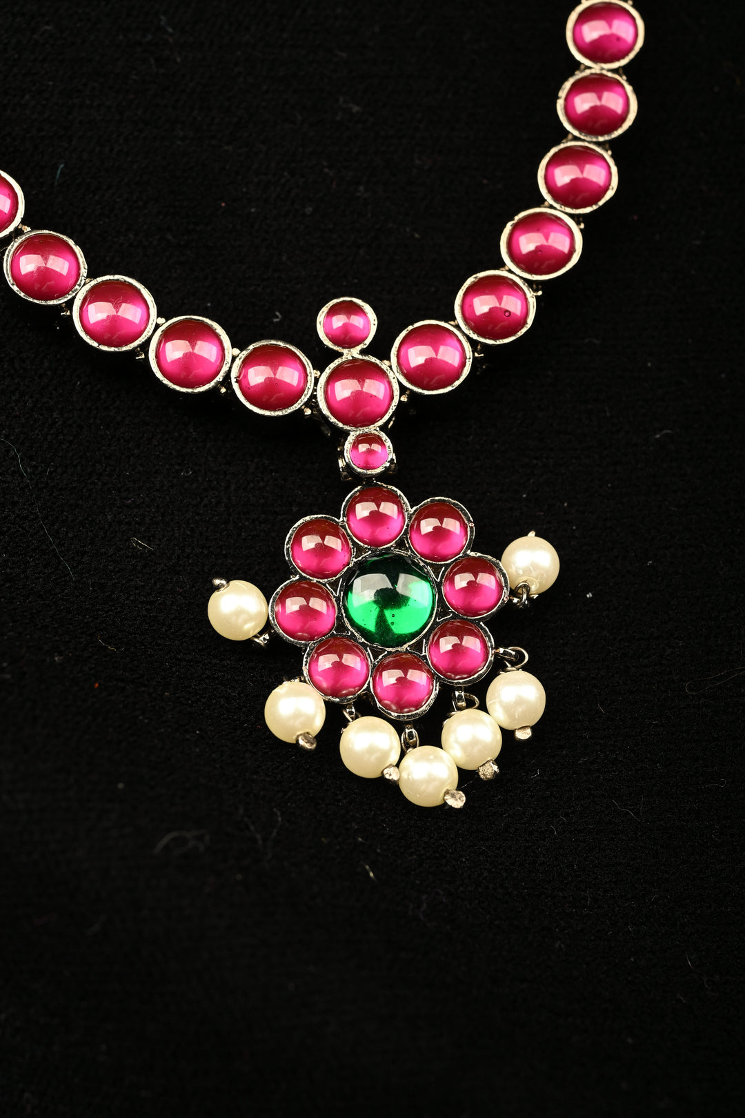 Black finish precious kemp-green pearl attigai necklace set  | SHOBITAM