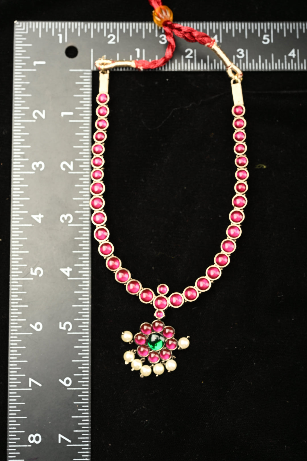 Black finish precious kemp-green pearl attigai necklace set  | SHOBITAM
