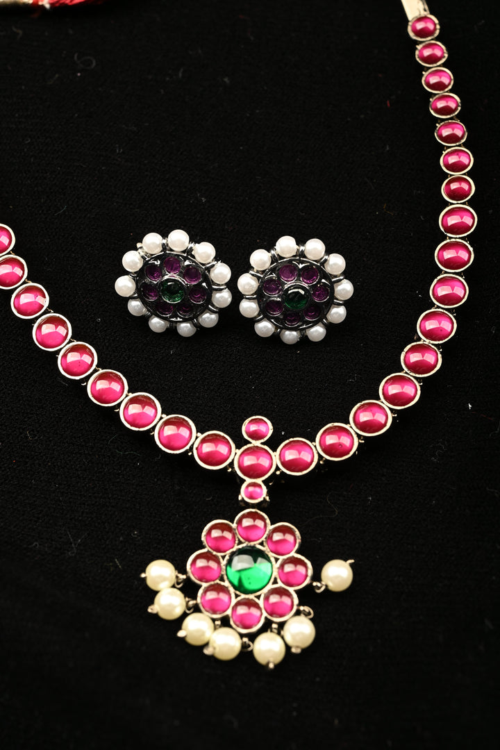 Black finish precious kemp-green pearl attigai necklace set  | SHOBITAM