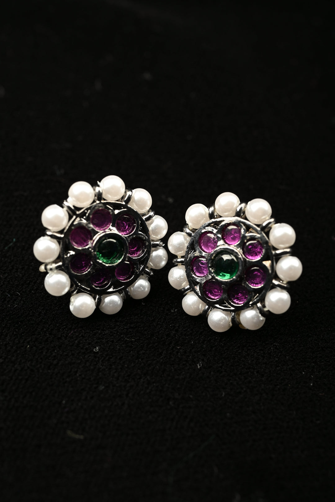 Black finish precious kemp-green pearl attigai necklace set  | SHOBITAM