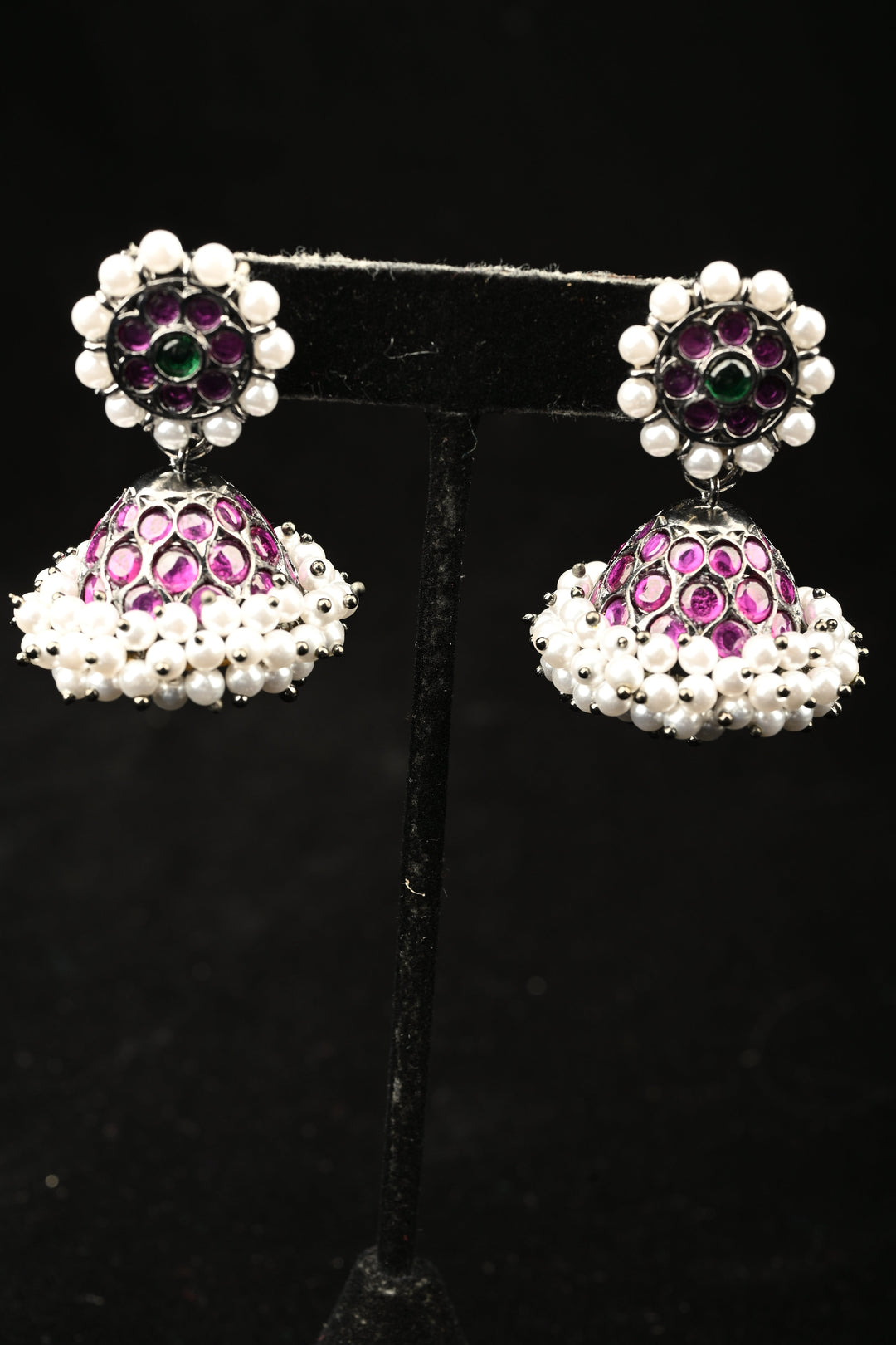 Black finish precious kemp-green pearl attigai necklace set  | SHOBITAM