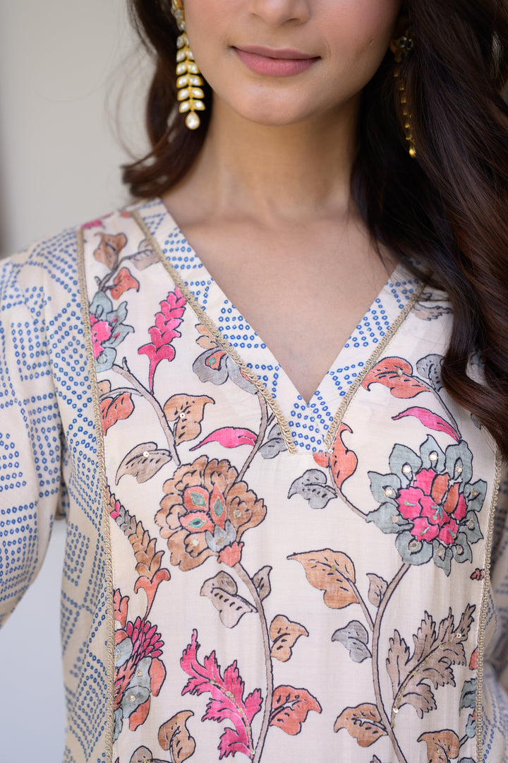 Blue Bandhini With Floral Jaal Print Muslin Kurta Set- SET OF-2 | SHOBITAM