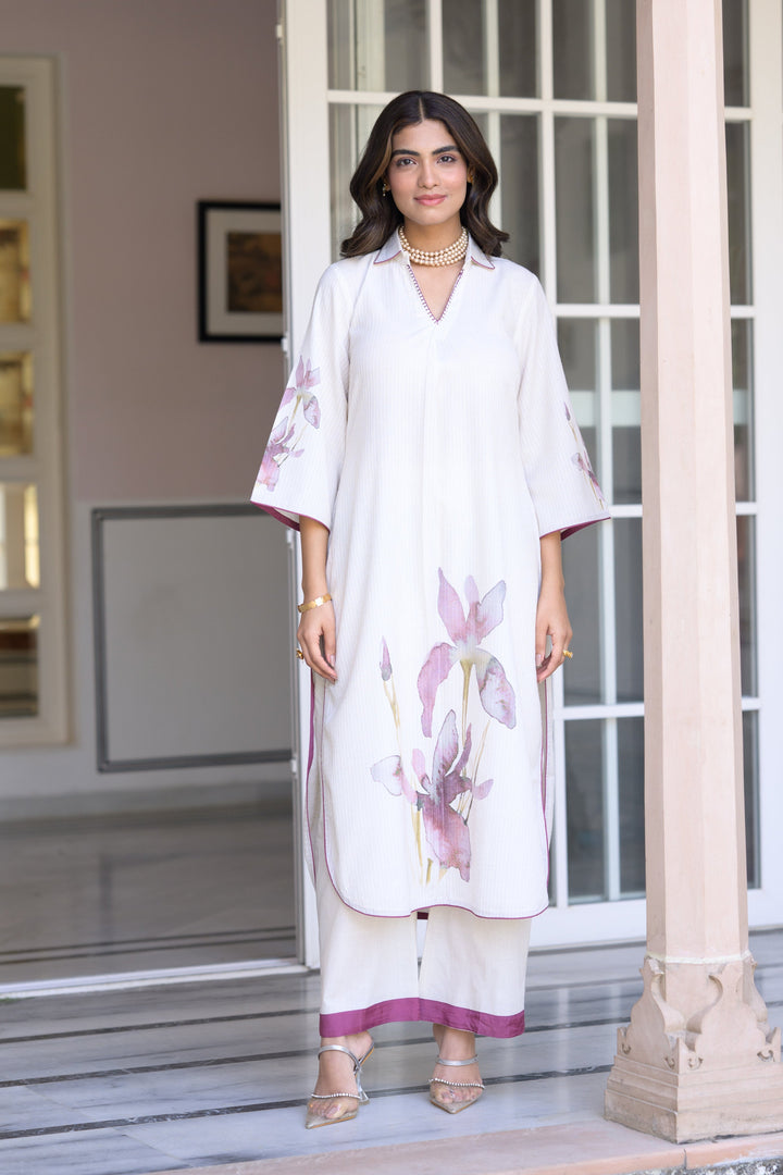 Off White with Purple Floral Placement Print cotton Linen Kurta Set with Mul Cotton Lining - SET OF-2 | SHOBITAM