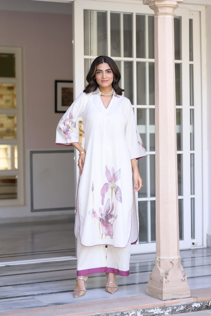 Off White with Purple Floral Placement Print cotton Linen Kurta Set with Mul Cotton Lining - SET OF-2 | SHOBITAM
