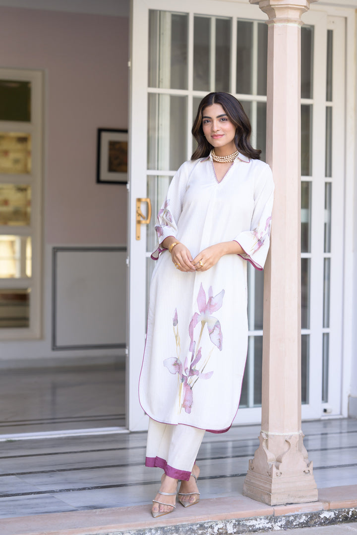 Off White with Purple Floral Placement Print cotton Linen Kurta Set with Mul Cotton Lining - SET OF-2 | SHOBITAM
