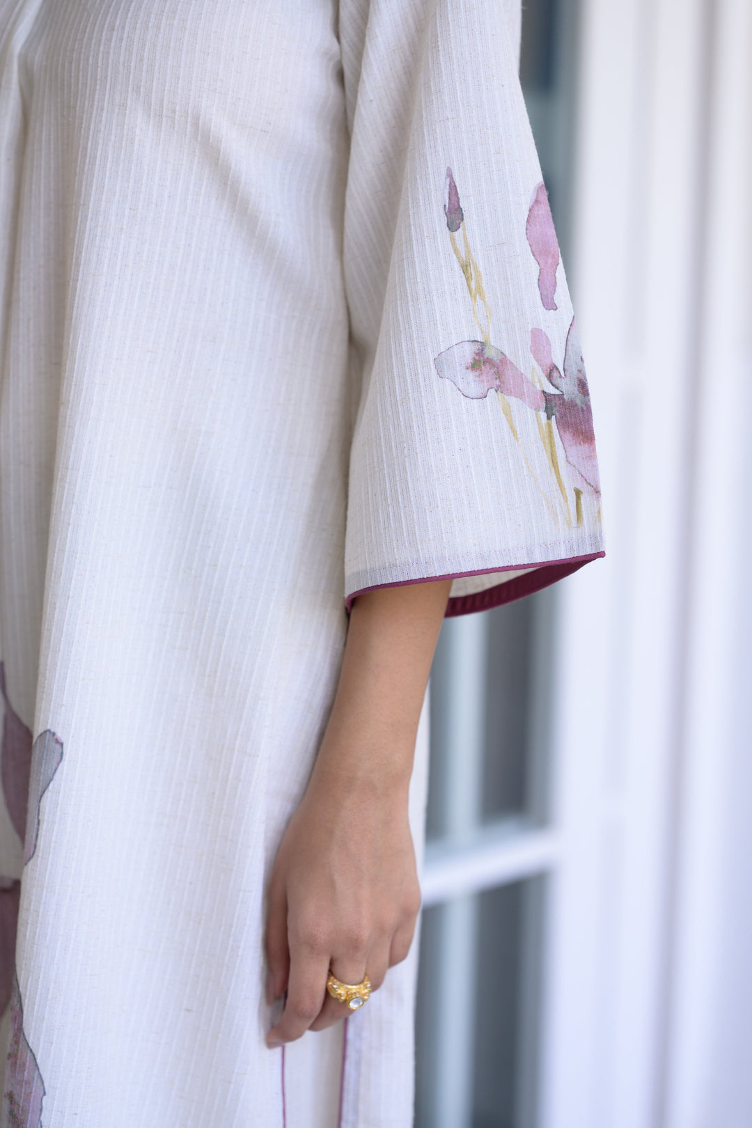 Off White with Purple Floral Placement Print cotton Linen Kurta Set with Mul Cotton Lining - SET OF-2 | SHOBITAM