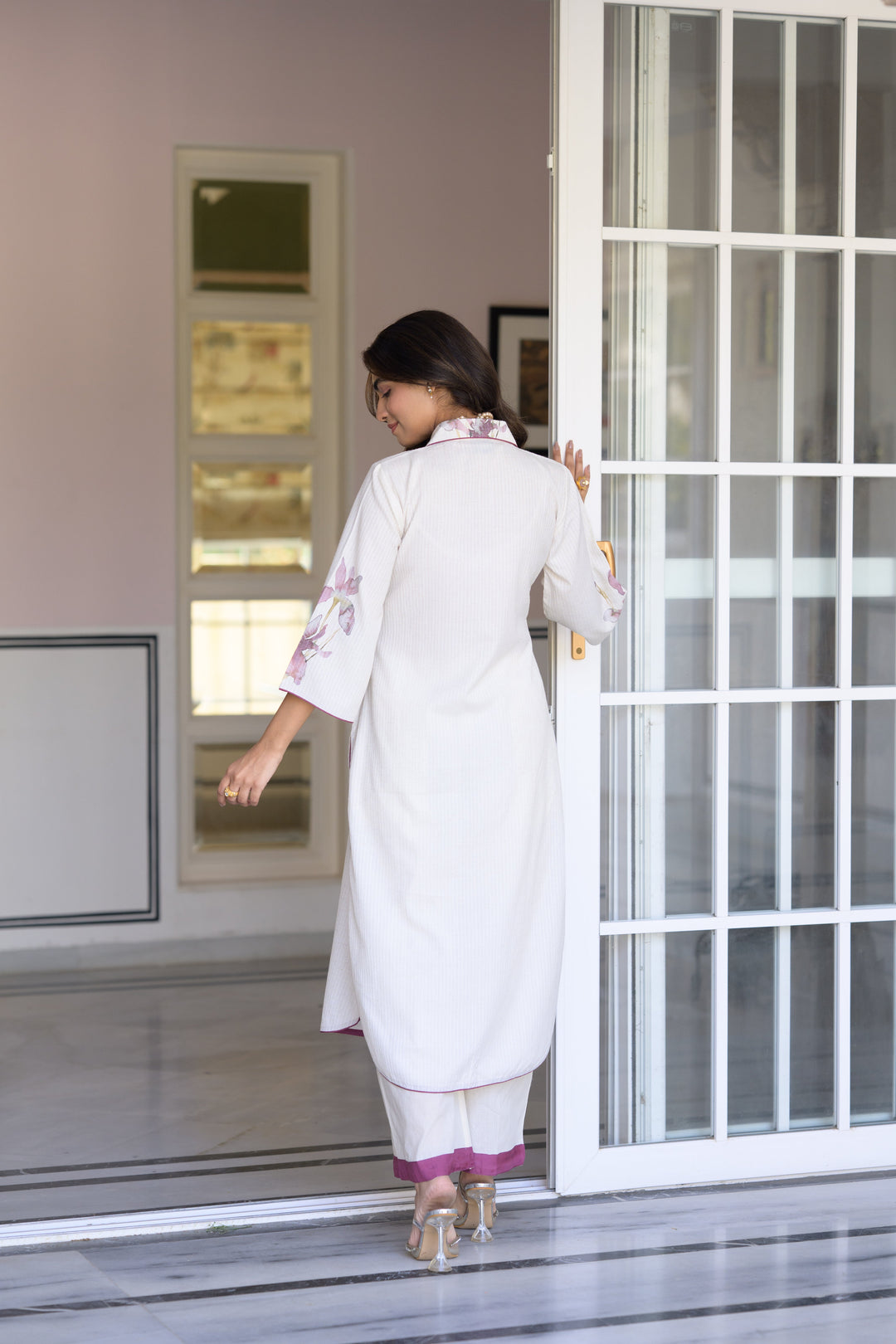 Off White with Purple Floral Placement Print cotton Linen Kurta Set with Mul Cotton Lining - SET OF-2 | SHOBITAM
