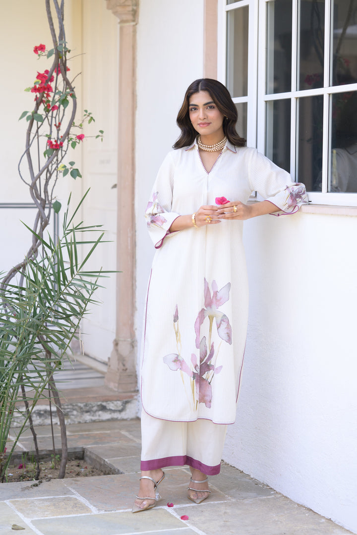 Off White with Purple Floral Placement Print cotton Linen Kurta Set with Mul Cotton Lining - SET OF-2 | SHOBITAM