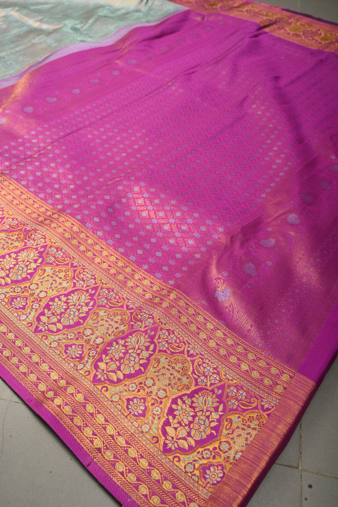 Blue -Lavender Dual tone Pure Kanjivaram Silk Saree with Meenakari Floral Brocade and Contrast Zari Border | SILK MARK CERTIFIED | SHOBITAM