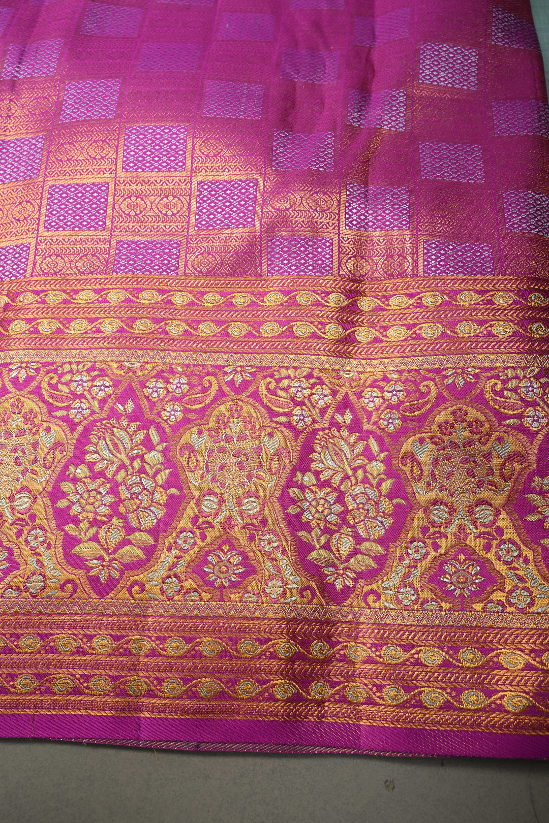 Blue -Lavender Dual tone Pure Kanjivaram Silk Saree with Meenakari Floral Brocade and Contrast Zari Border | SILK MARK CERTIFIED | SHOBITAM