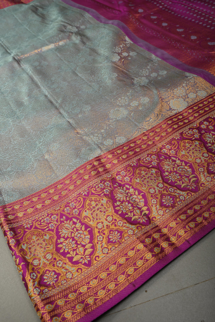 Blue -Lavender Dual tone Pure Kanjivaram Silk Saree with Meenakari Floral Brocade and Contrast Zari Border | SILK MARK CERTIFIED | SHOBITAM
