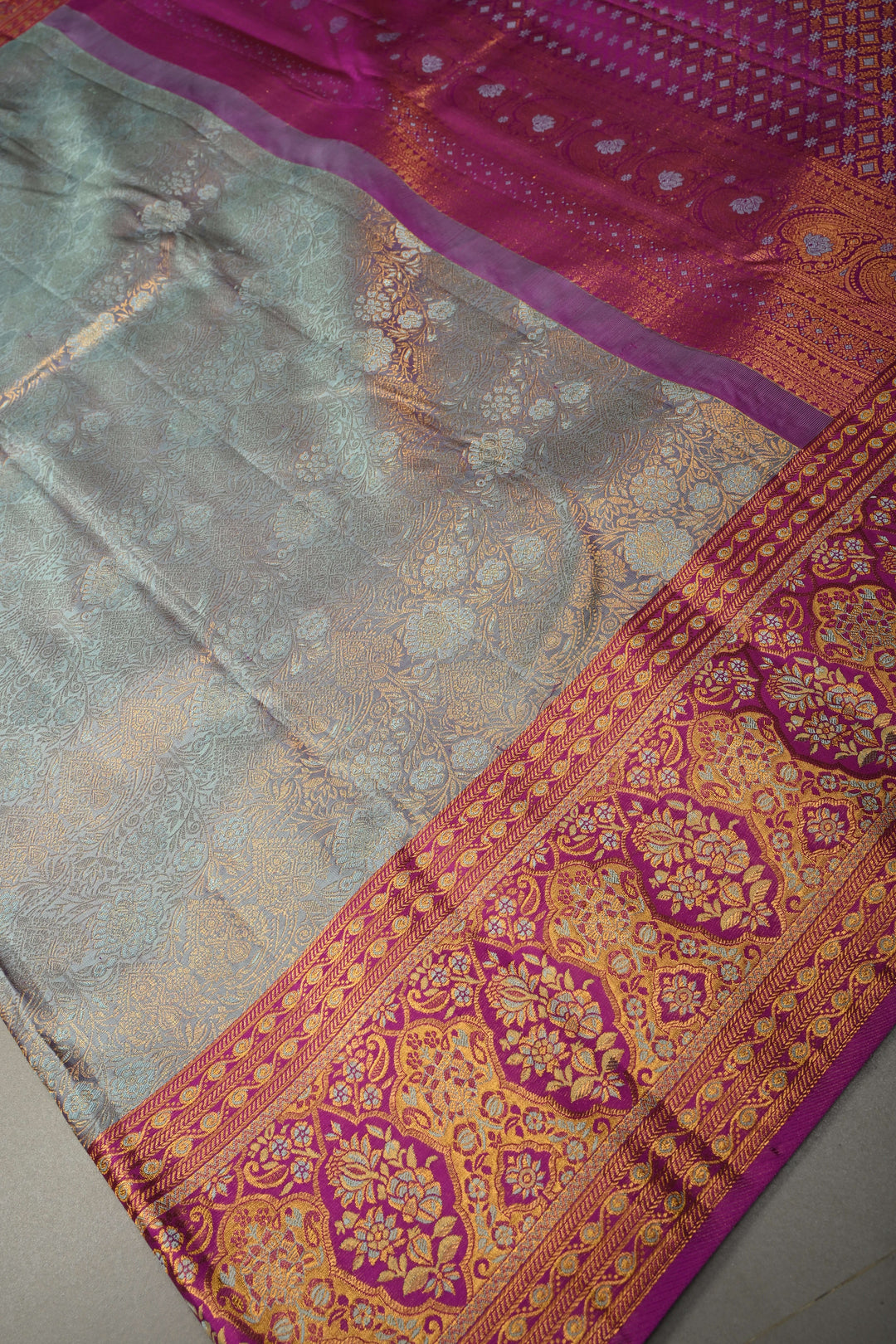 Blue -Lavender Dual tone Pure Kanjivaram Silk Saree with Meenakari Floral Brocade and Contrast Zari Border | SILK MARK CERTIFIED | SHOBITAM