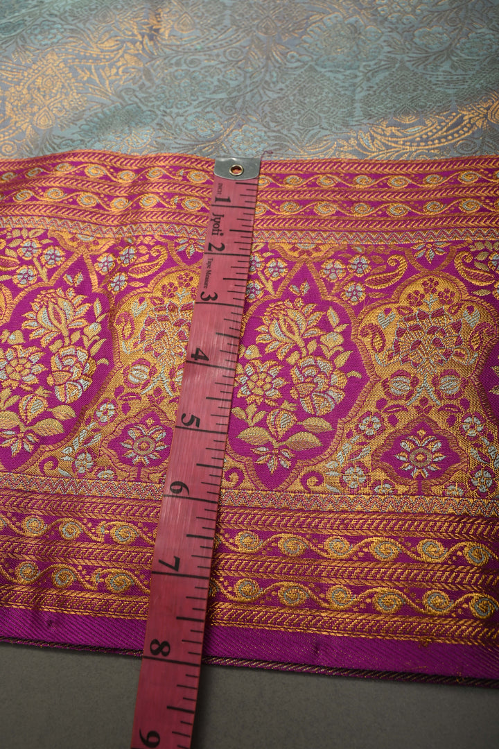 Blue -Lavender Dual tone Pure Kanjivaram Silk Saree with Meenakari Floral Brocade and Contrast Zari Border | SILK MARK CERTIFIED | SHOBITAM