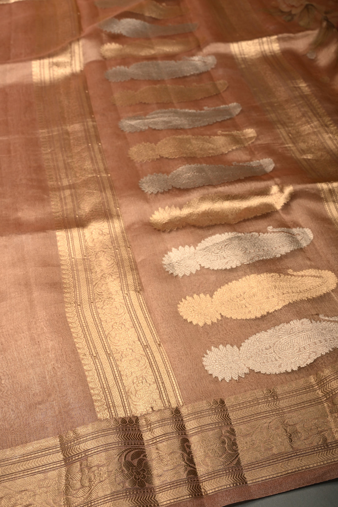 Dusty Rose Banarasi Organza Silk Saree with Sona Rupa Butta and Zari Border | SILK MARK CERTIFIED | SHOBITAM