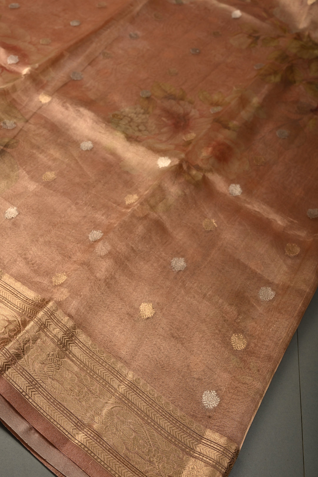 Dusty Rose Banarasi Organza Silk Saree with Sona Rupa Butta and Zari Border | SILK MARK CERTIFIED | SHOBITAM