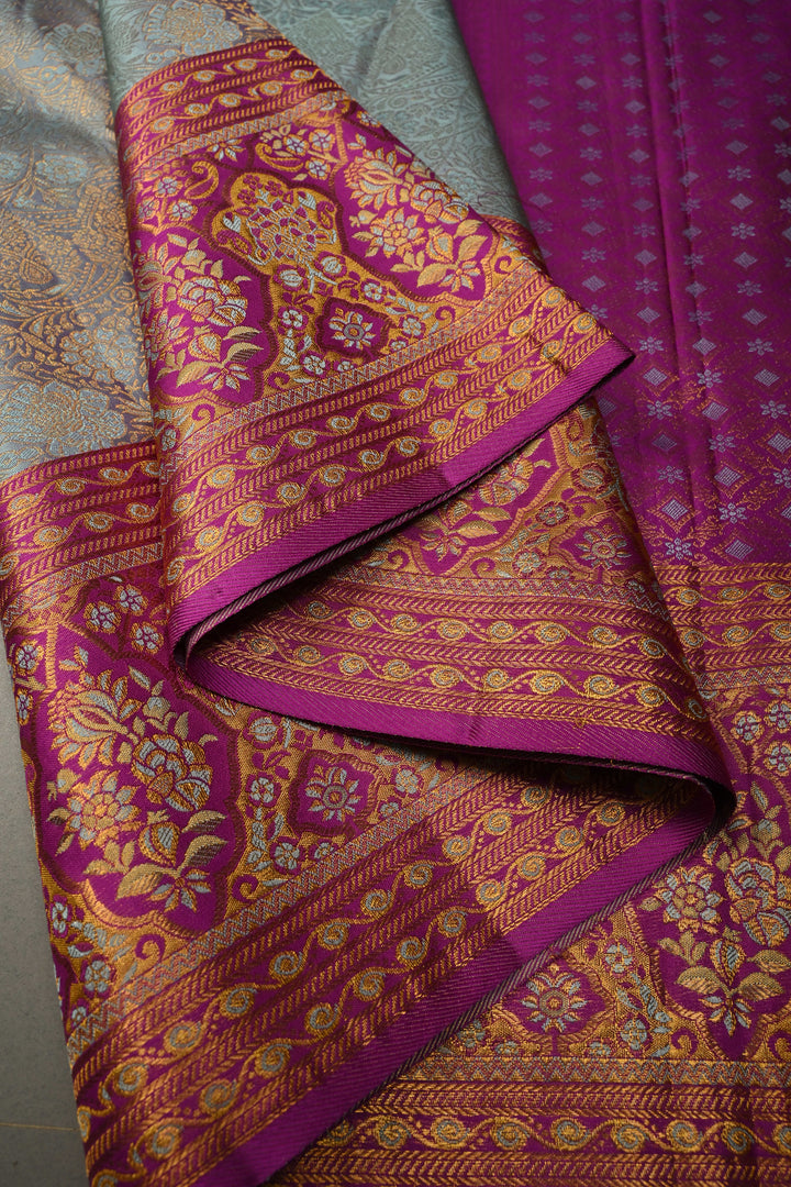 Blue -Lavender Dual tone Pure Kanjivaram Silk Saree with Meenakari Floral Brocade and Contrast Zari Border | SILK MARK CERTIFIED | SHOBITAM