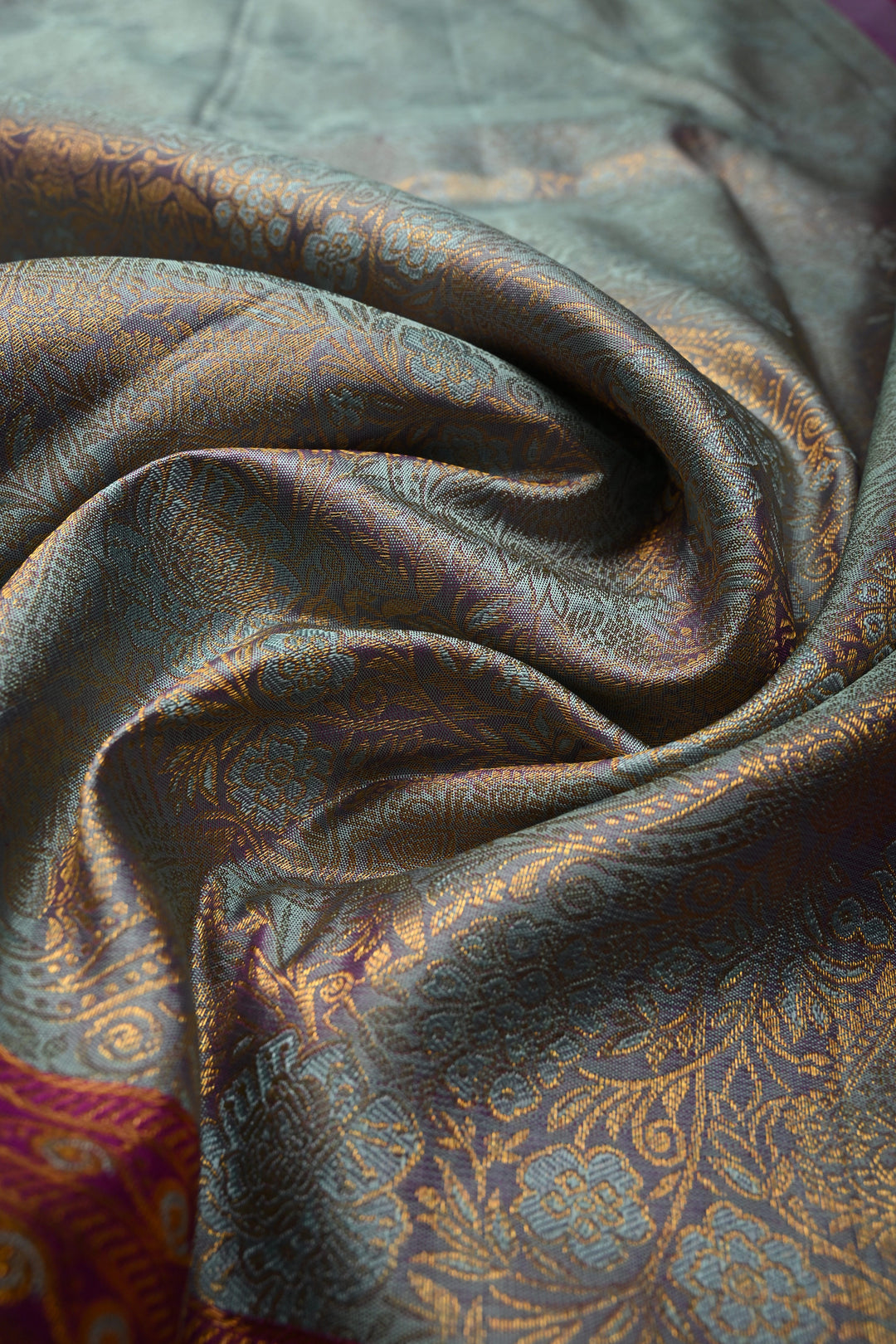 Blue -Lavender Dual tone Pure Kanjivaram Silk Saree with Meenakari Floral Brocade and Contrast Zari Border | SILK MARK CERTIFIED | SHOBITAM
