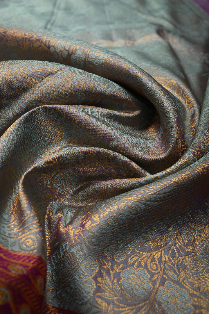 Blue -Lavender Dual tone Pure Kanjivaram Silk Saree with Meenakari Floral Brocade and Contrast Zari Border | SILK MARK CERTIFIED | SHOBITAM