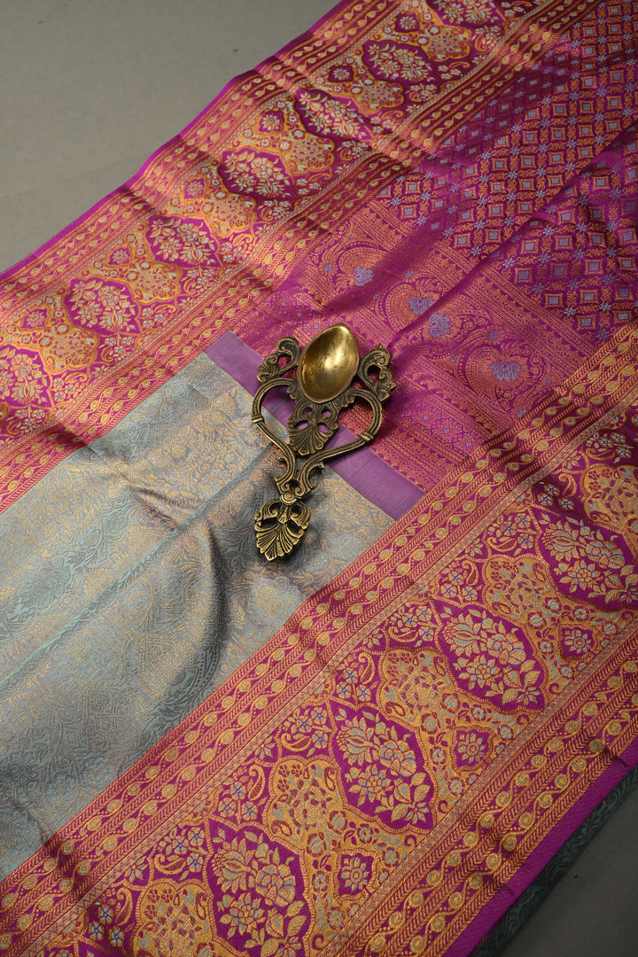 Blue -Lavender Dual tone Pure Kanjivaram Silk Saree with Meenakari Floral Brocade and Contrast Zari Border | SILK MARK CERTIFIED | SHOBITAM