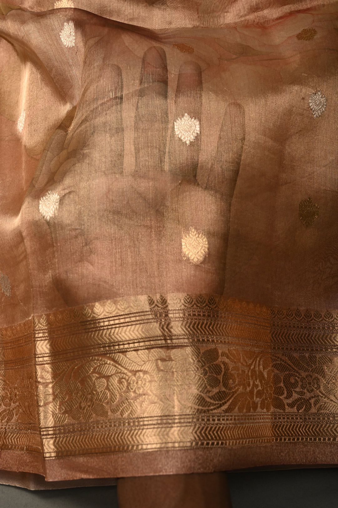 Dusty Rose Banarasi Organza Silk Saree with Sona Rupa Butta and Zari Border | SILK MARK CERTIFIED | SHOBITAM